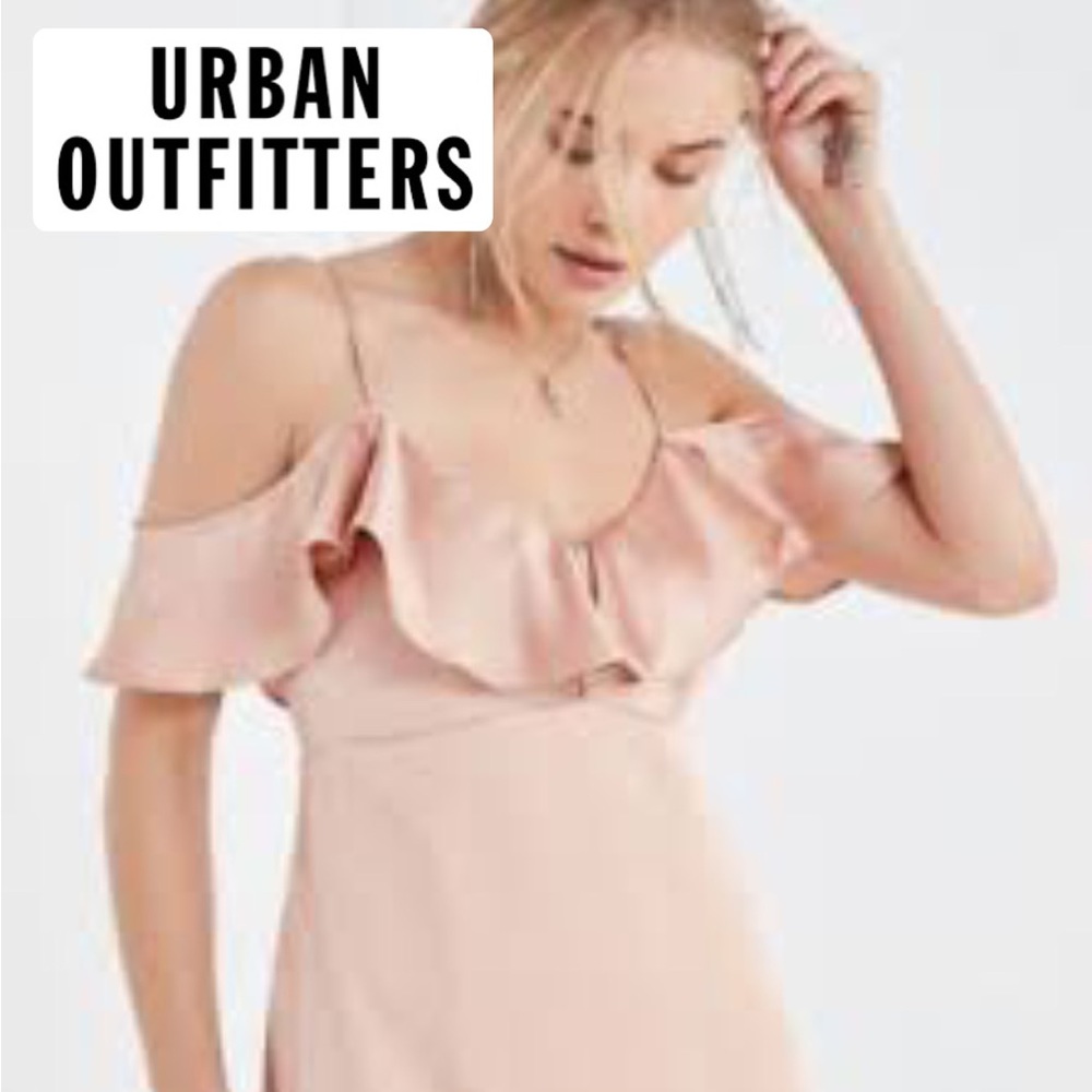 Urban Outfitters Ruffle off the Shoulder Blush Rose Neutral Midi Slip Dress